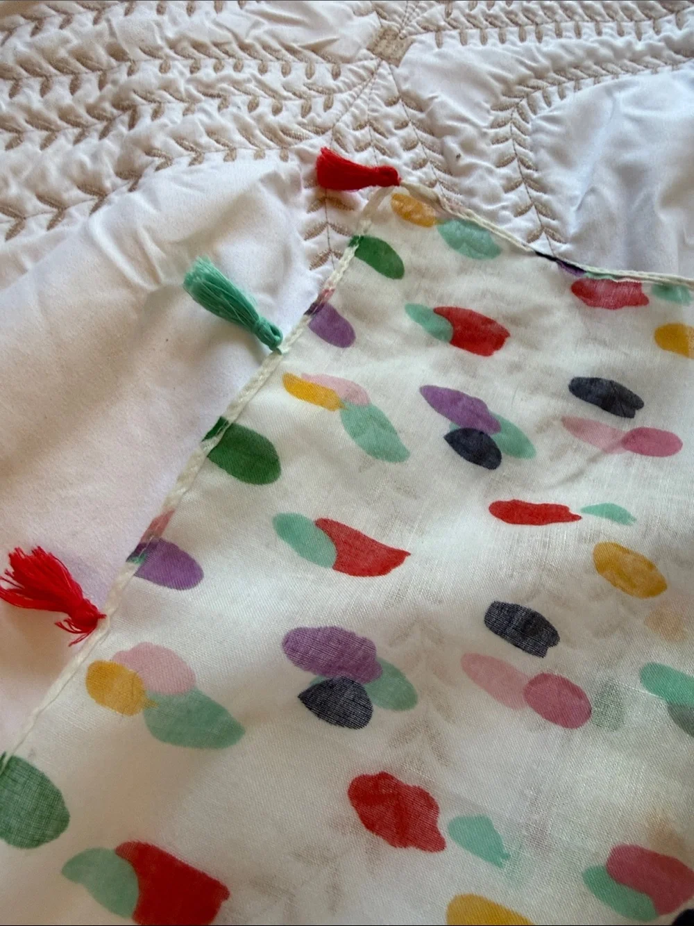 White Multicolor Dot Scarf Topper